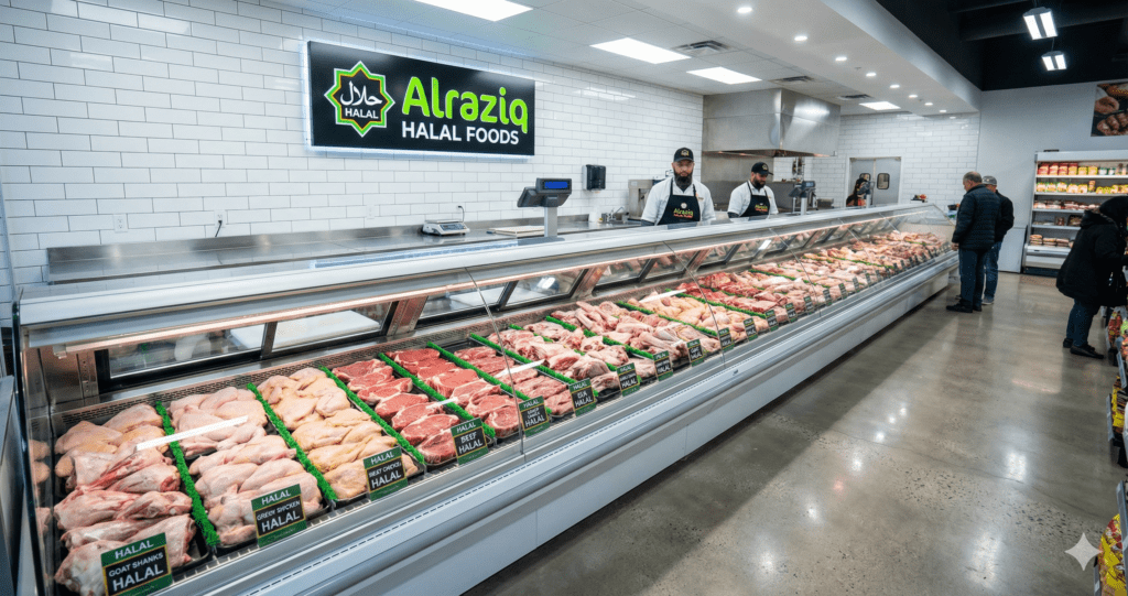 Fresh halal meat display at Alraziq Halal Foods Mississauga
