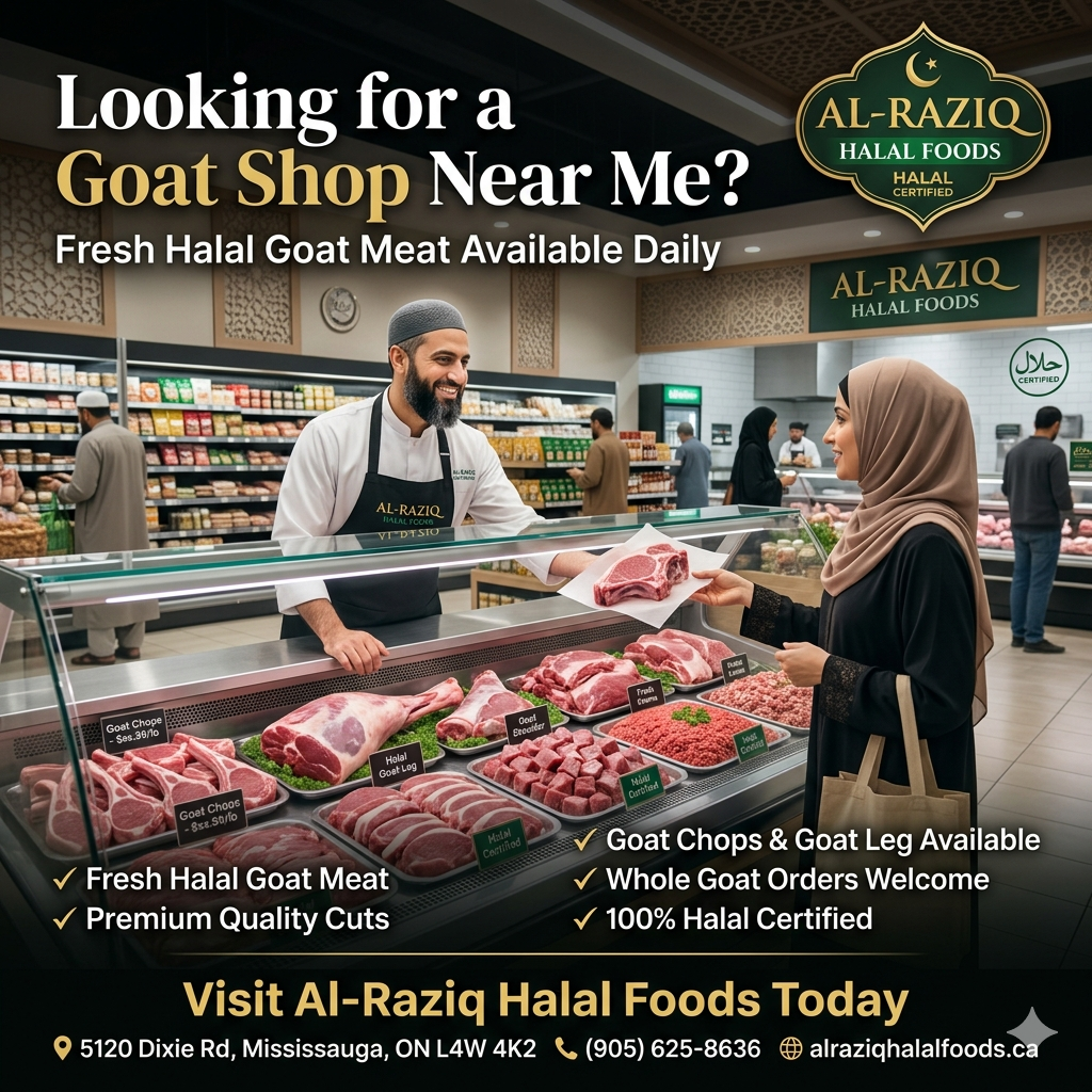 Goat shop near me in Mississauga offering fresh halal goat meat at Al-Raziq Halal Foods