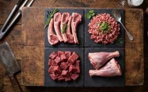 Different halal goat meat cuts including chops, keema and shank available at Al Raziq Halal Foods