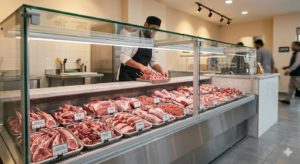 Fresh halal lamb and goat meat counter at Al Raziq Halal Foods Arabic grocery store Mississauga