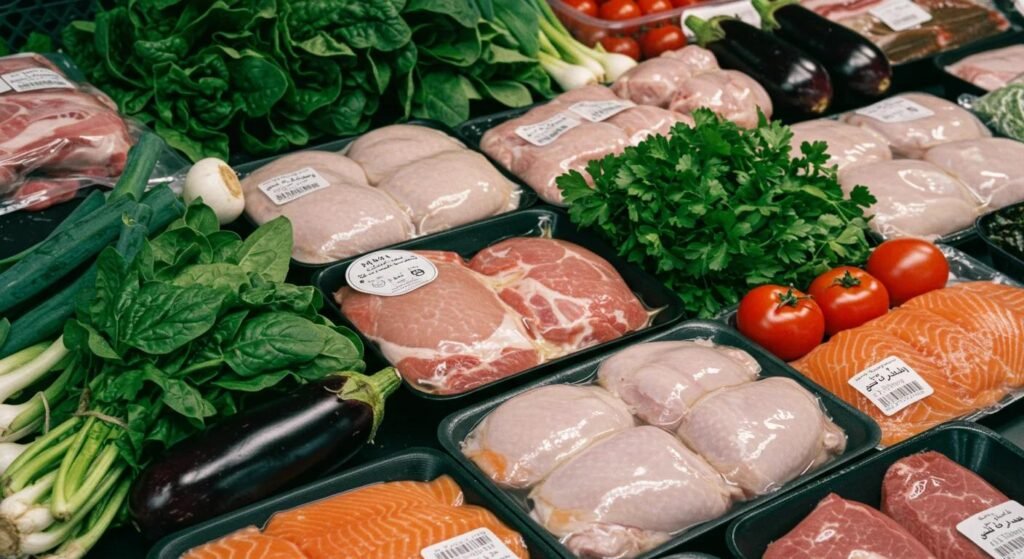 Halal grocery shopping in Mississauga with fresh meat, vegetables and pantry essentials