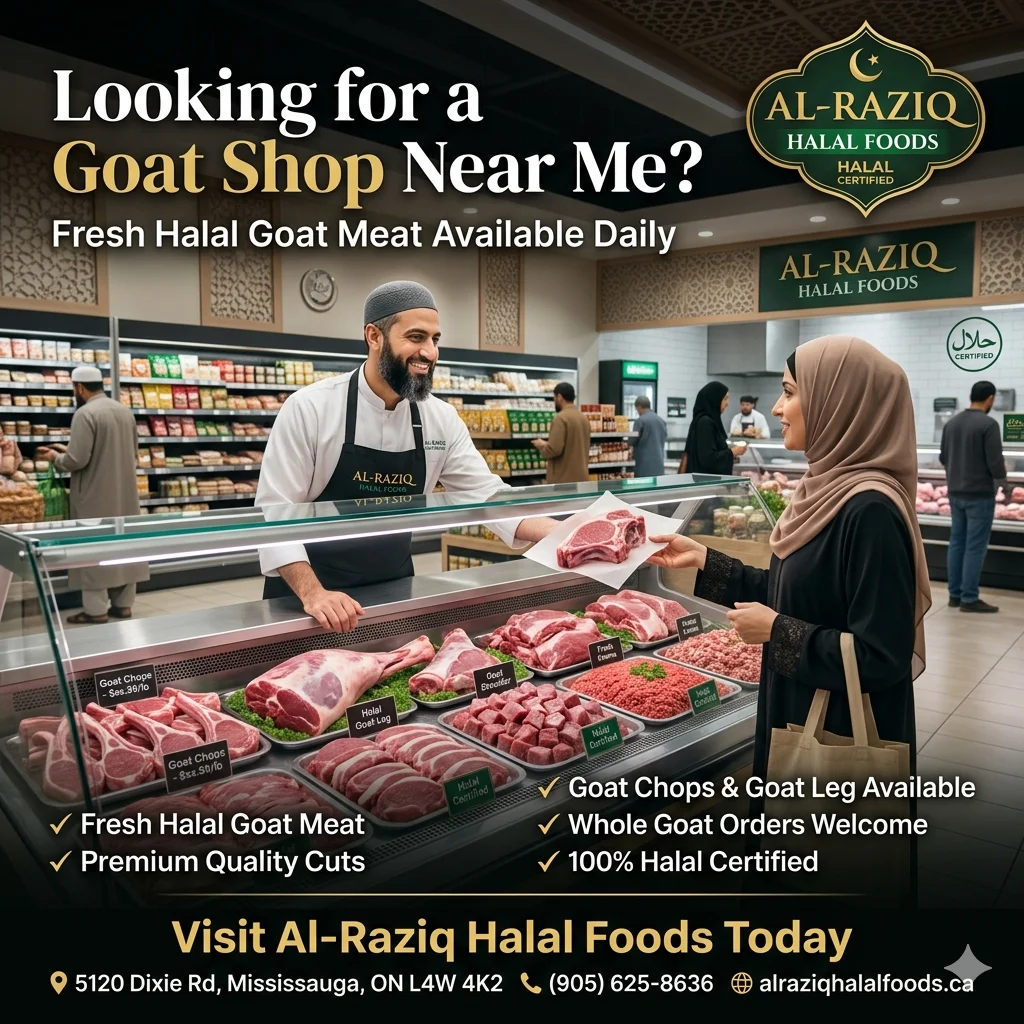 Goat shop near me in Mississauga offering fresh halal goat meat at Al-Raziq Halal Foods