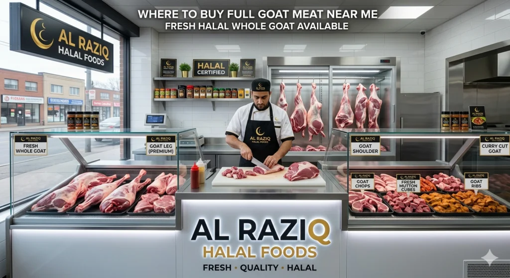 Looking for where to buy full goat meat near me in Mississauga? AL Raziq Halal Foods offers fresh halal whole goat, goat chops, goat shoulder, goat leg meat and custom cuts.